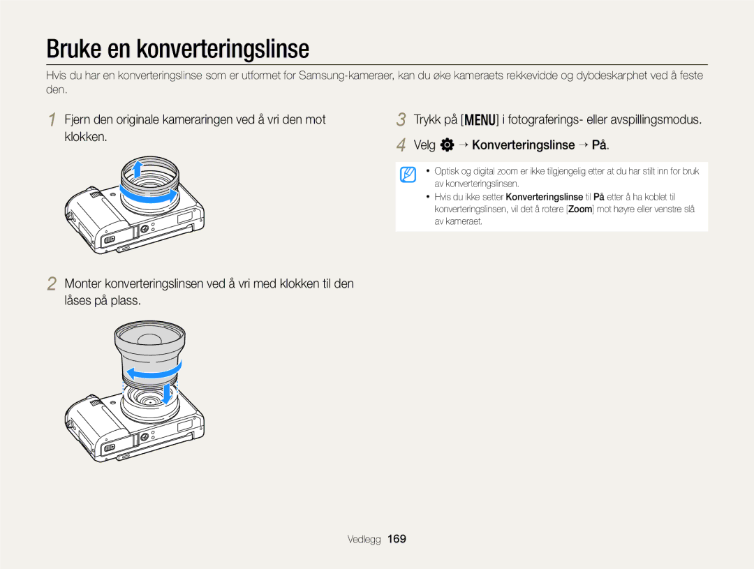 Samsung EC-EX2FZZBPBE2 manual Fjern den originale kameraringen ved å vri den mot, Klokken Velg n“ Konverteringslinse “ På 