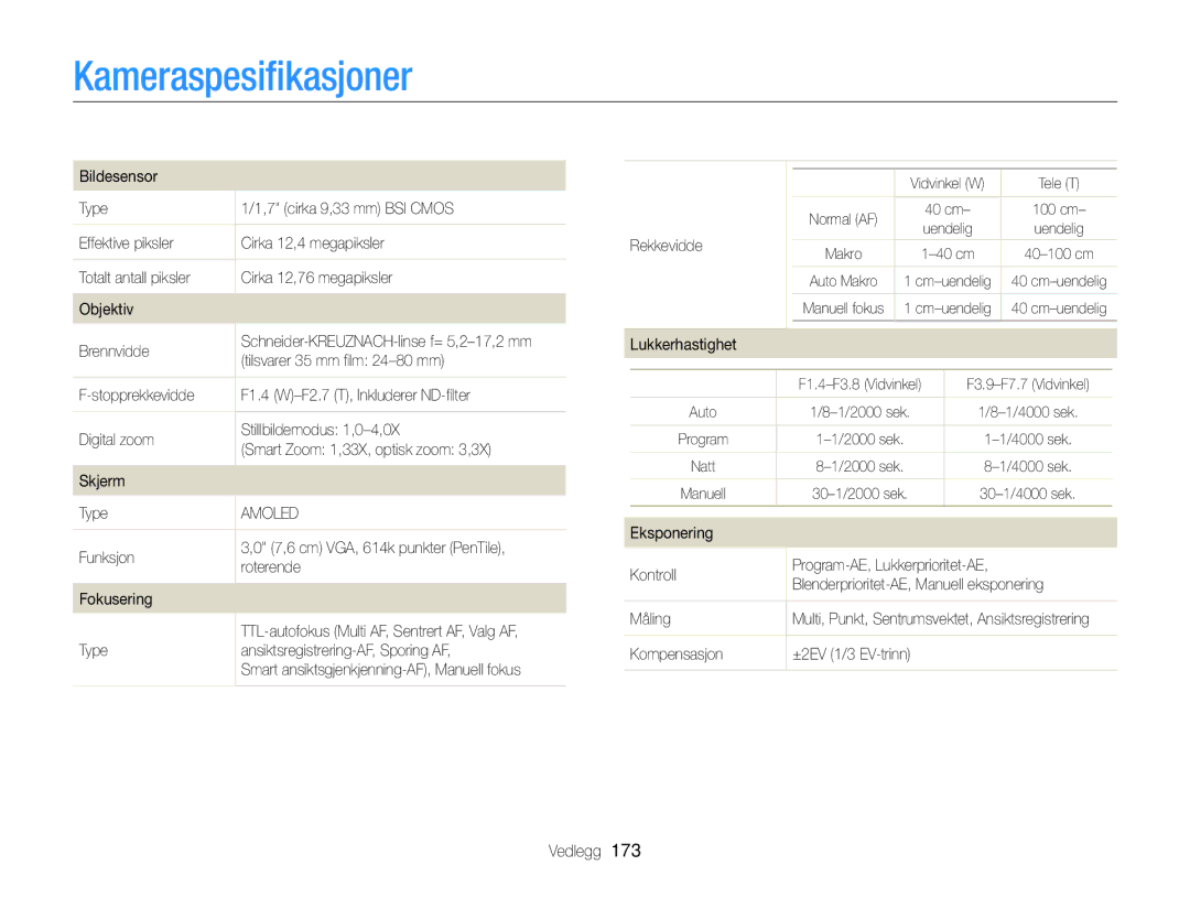 Samsung EC-EX2FZZBPBE2, EC-EX2FZZBPWE2 manual Kameraspesiﬁkasjoner 