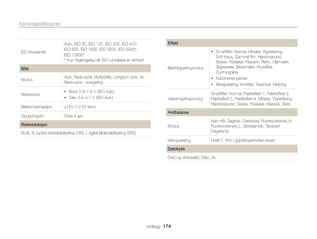 Samsung EC-EX2FZZBPWE2, EC-EX2FZZBPBE2 manual Kameraspesiﬁkasjoner, Iso 