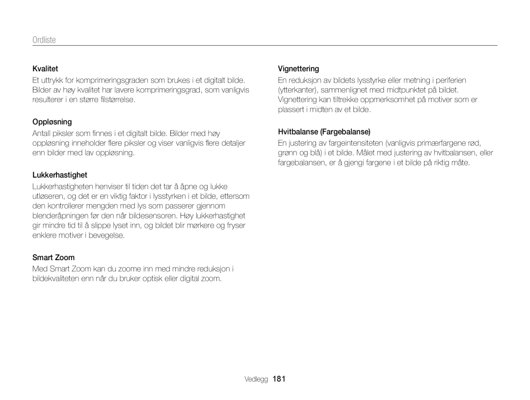 Samsung EC-EX2FZZBPBE2, EC-EX2FZZBPWE2 manual Ordliste 