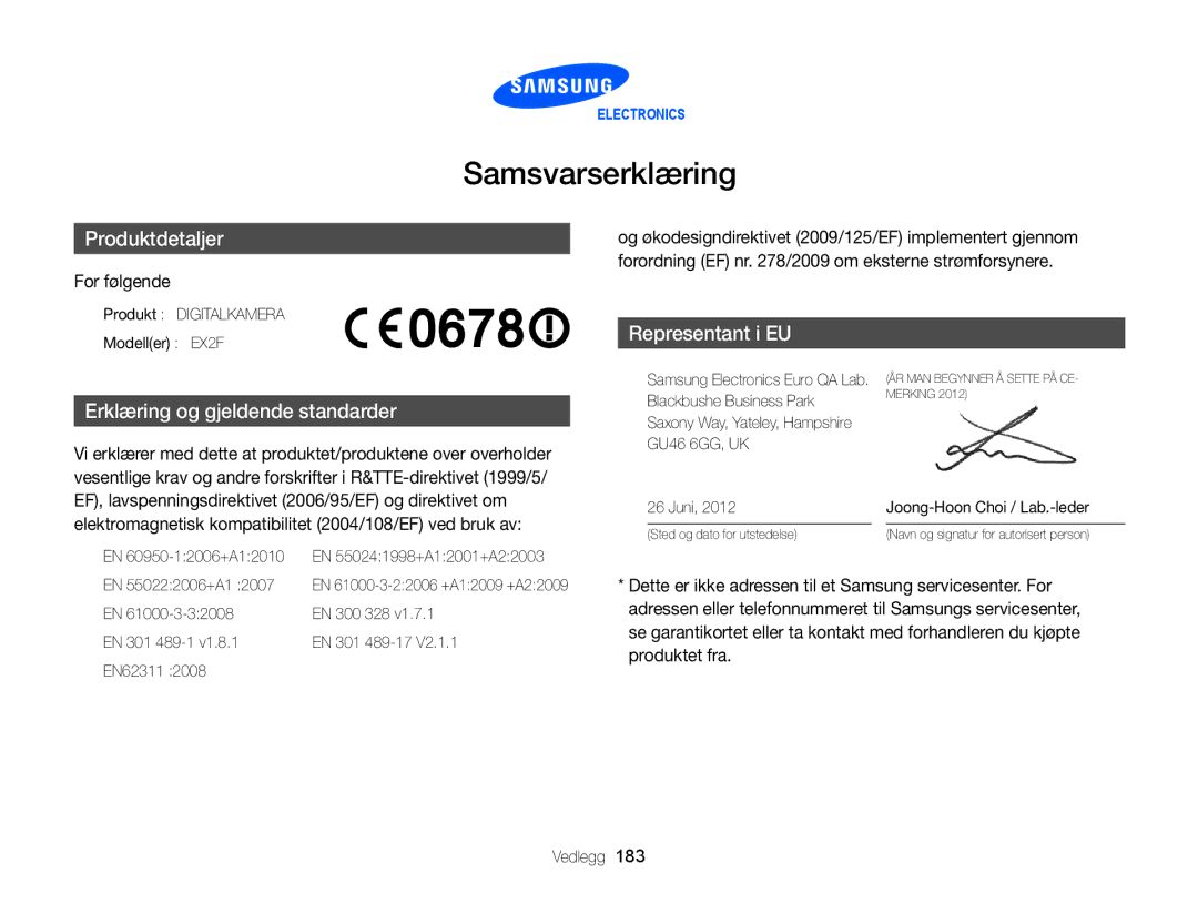 Samsung EC-EX2FZZBPBE2, EC-EX2FZZBPWE2 manual Samsvarserklæring, For følgende 