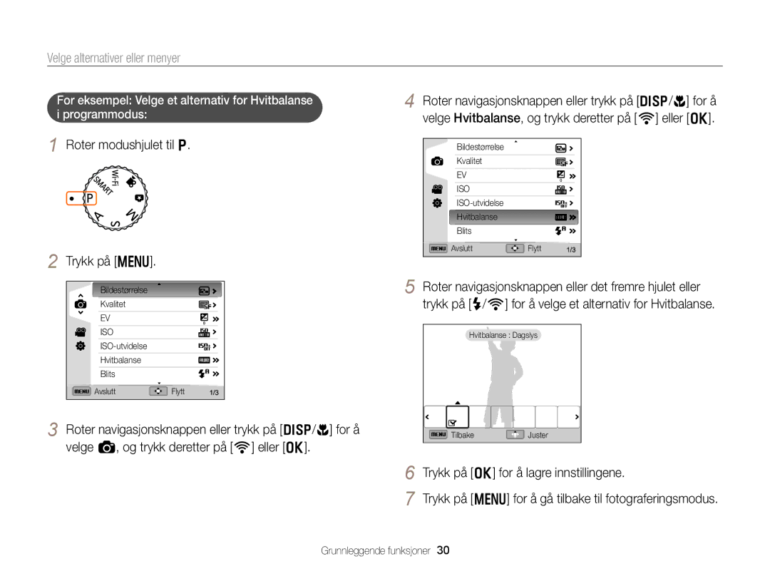 Samsung EC-EX2FZZBPWE2, EC-EX2FZZBPBE2 manual Velge alternativer eller menyer, Roter modushjulet til p Trykk på m 