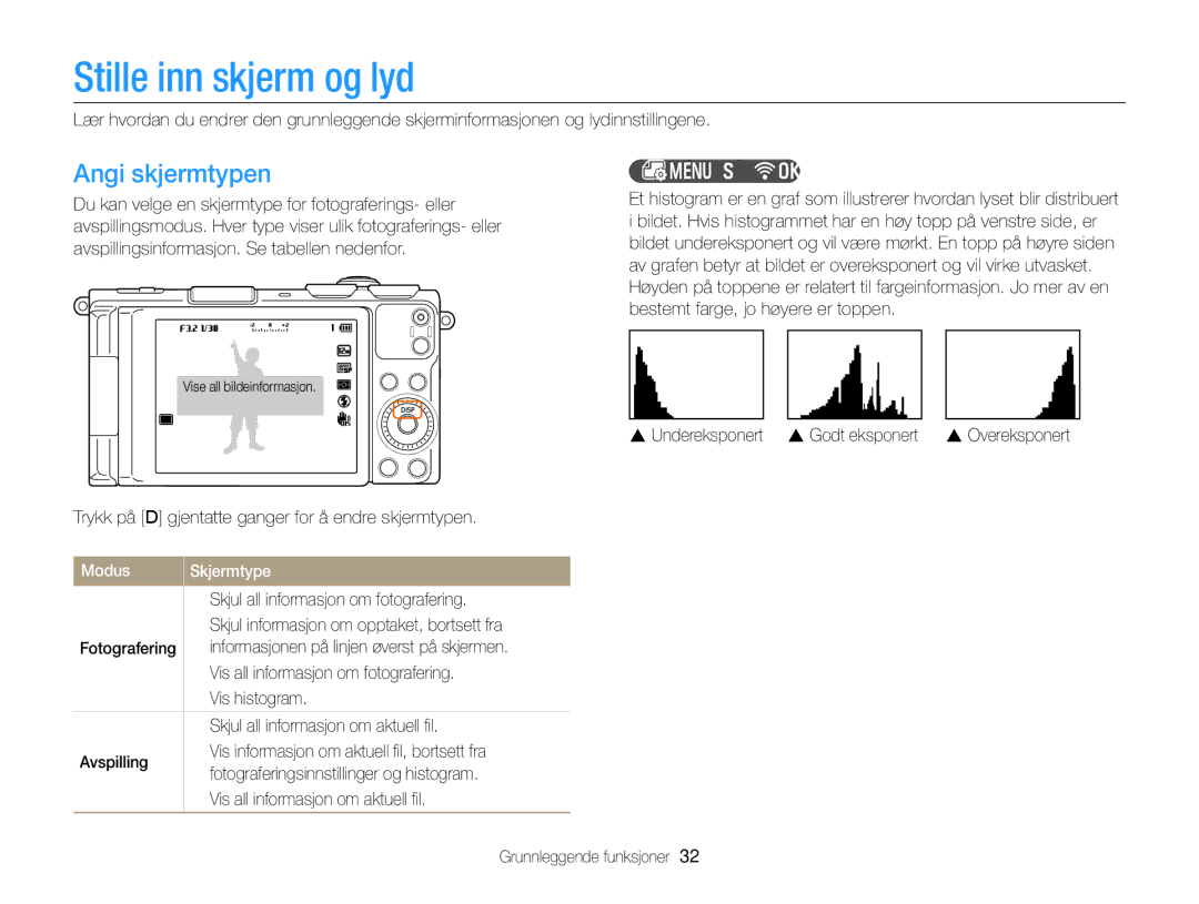 Samsung EC-EX2FZZBPWE2, EC-EX2FZZBPBE2 manual Stille inn skjerm og lyd, Angi skjermtypen, Om histogrammer, Modus Skjermtype 