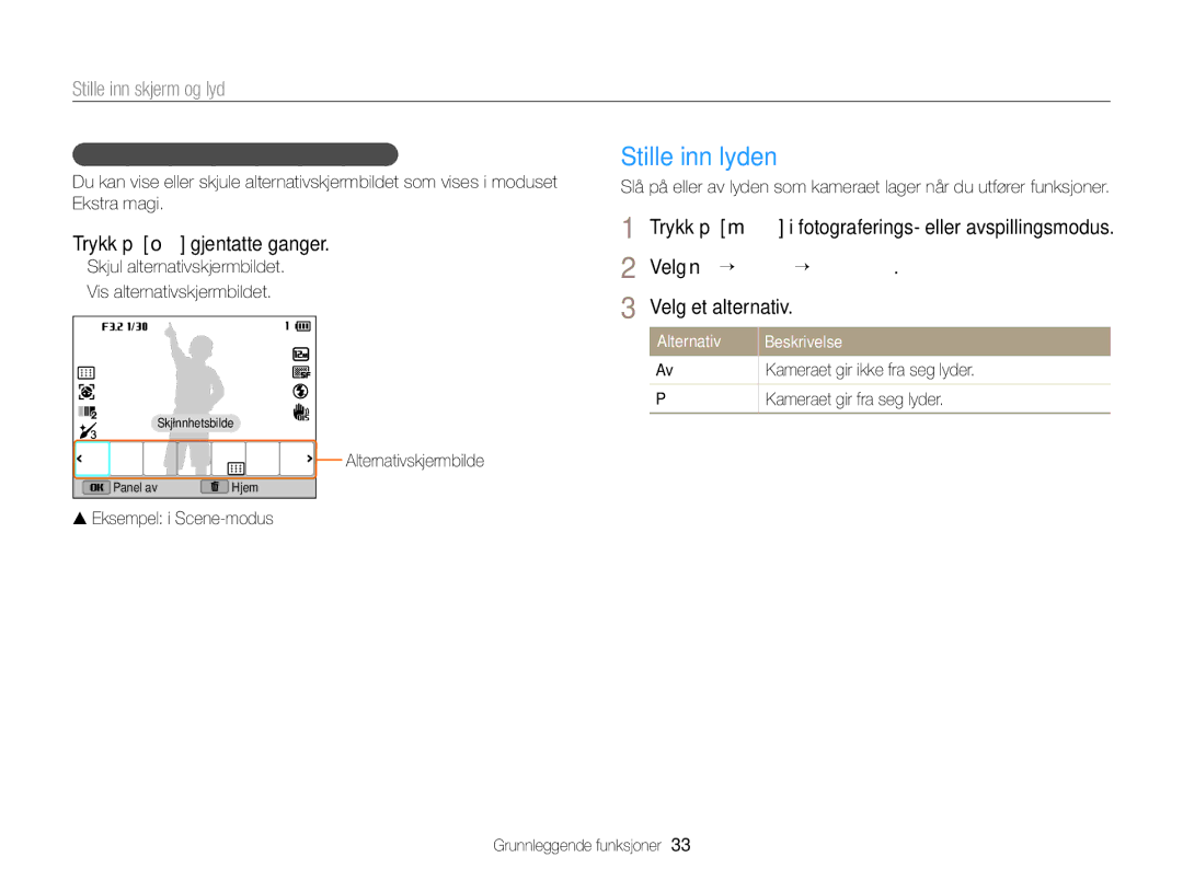 Samsung EC-EX2FZZBPBE2 Stille inn lyden, Stille inn skjerm og lyd, Trykk på o gjentatte ganger, Alternativ Beskrivelse 