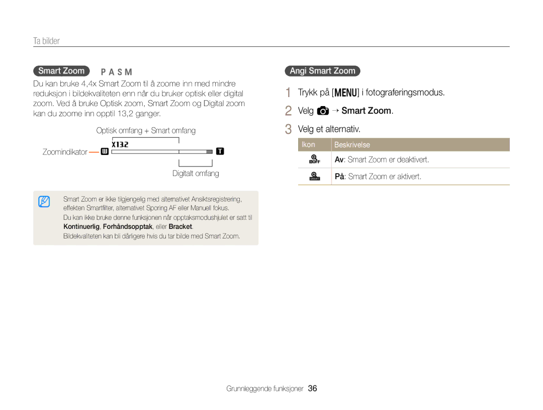Samsung EC-EX2FZZBPWE2 manual Trykk på m i fotograferingsmodus Velg a “ Smart Zoom, Smart Zoom p a h M, Angi Smart Zoom 