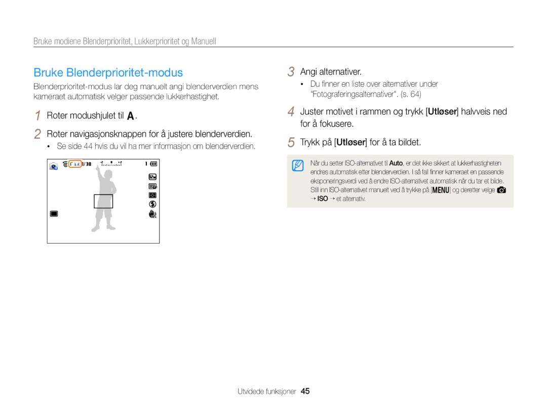 Samsung EC-EX2FZZBPBE2 manual Bruke Blenderprioritet-modus, Bruke modiene Blenderprioritet, Lukkerprioritet og Manuell 