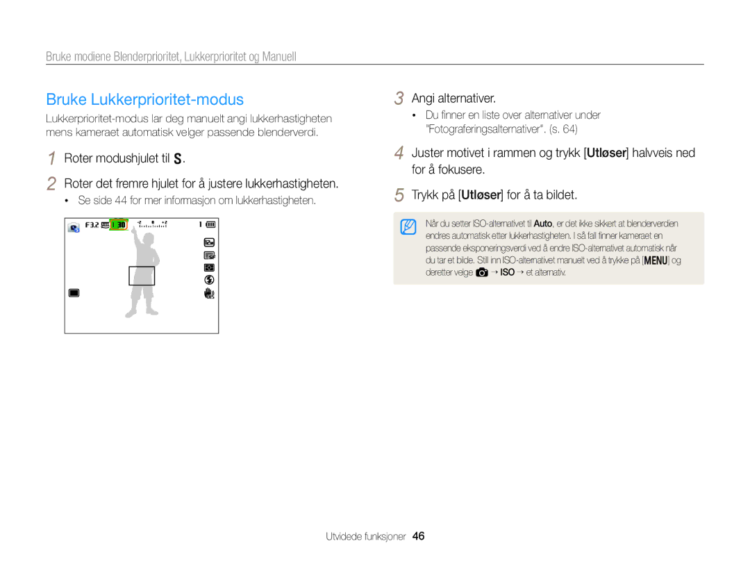 Samsung EC-EX2FZZBPWE2 Bruke Lukkerprioritet-modus, Angi alternativer, Se side 44 for mer informasjon om lukkerhastigheten 