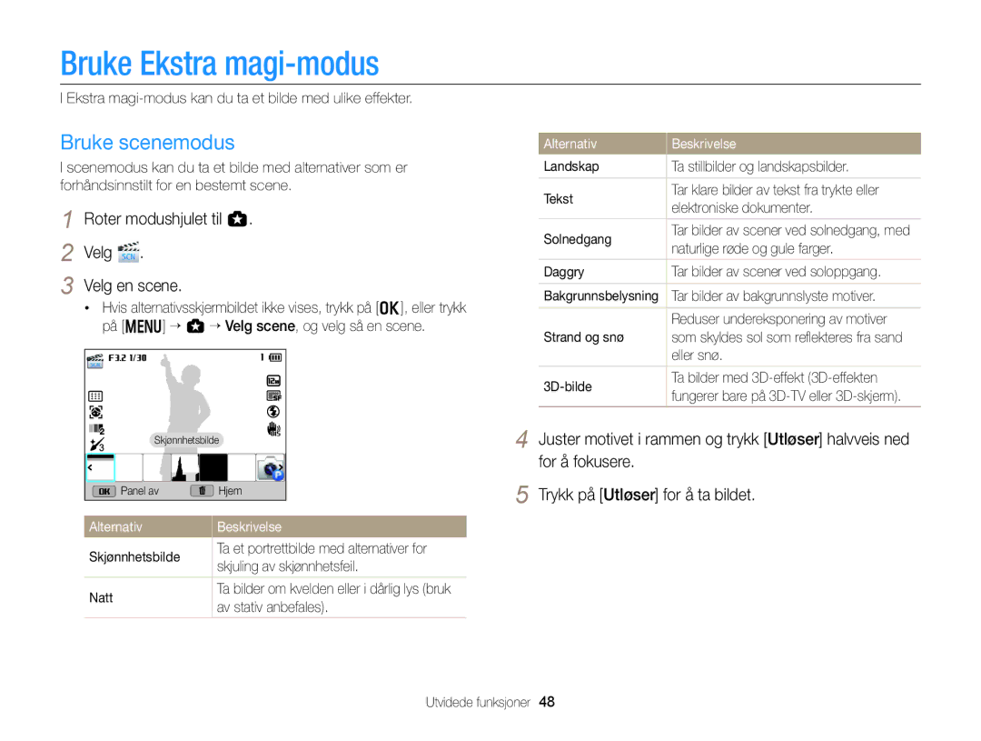 Samsung EC-EX2FZZBPWE2 manual Bruke Ekstra magi-modus, Bruke scenemodus, Roter modushjulet til g Velg Velg en scene 