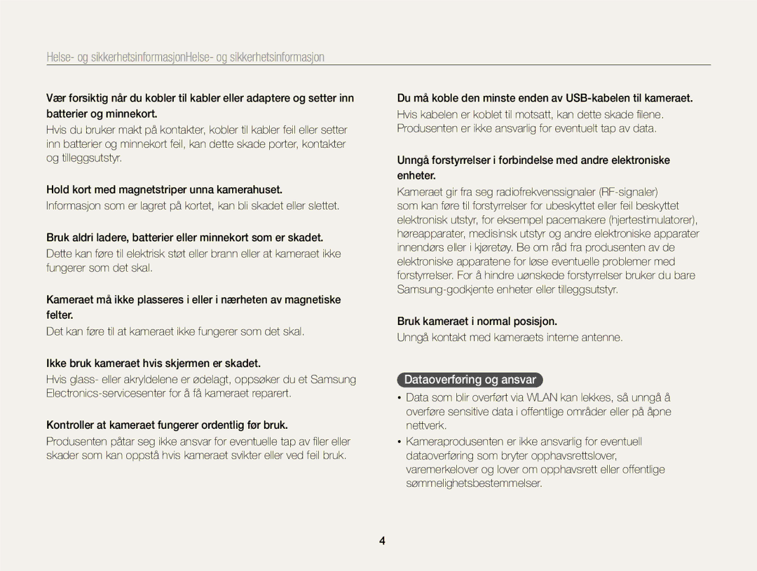 Samsung EC-EX2FZZBPWE2, EC-EX2FZZBPBE2 manual Dataoverføring og ansvar 