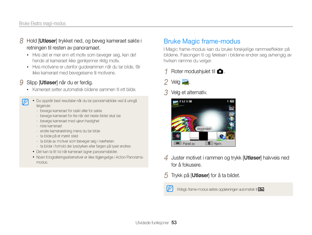 Samsung EC-EX2FZZBPBE2, EC-EX2FZZBPWE2 manual Bruke Magic frame-modus, Roter modushjulet til g Velg Velg et alternativ 