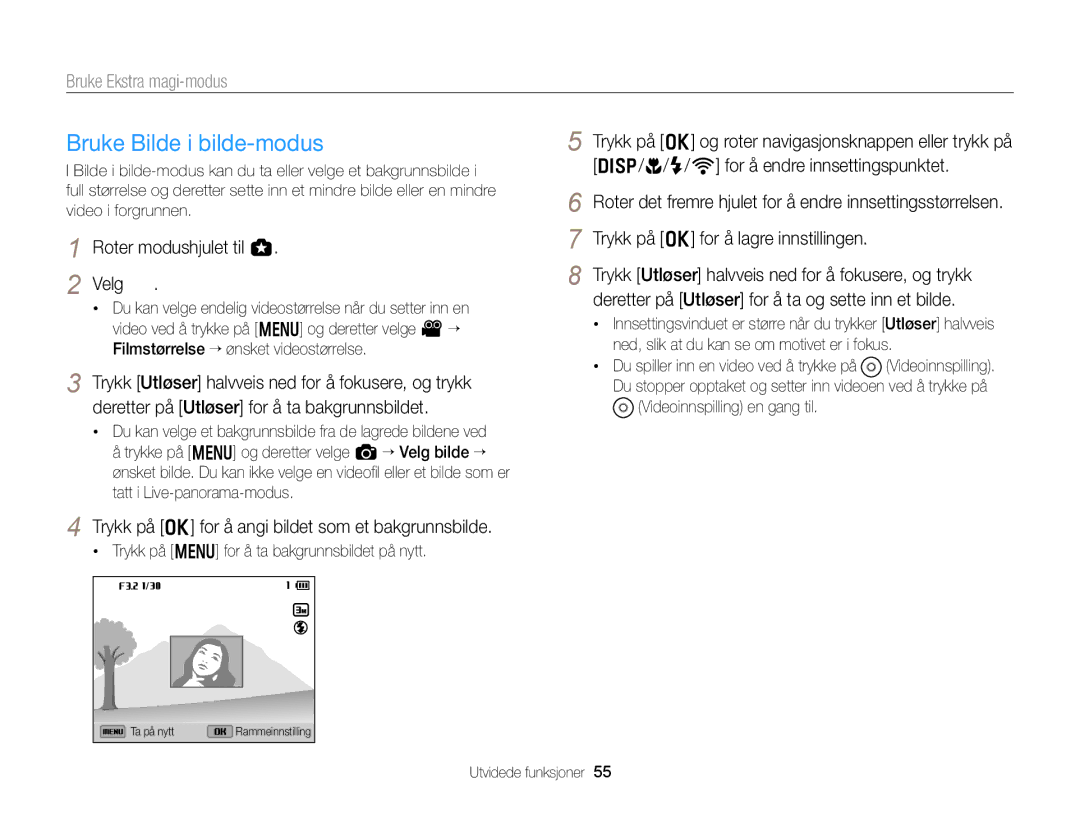 Samsung EC-EX2FZZBPBE2, EC-EX2FZZBPWE2 manual Bruke Bilde i bilde-modus, Roter modushjulet til g Velg 