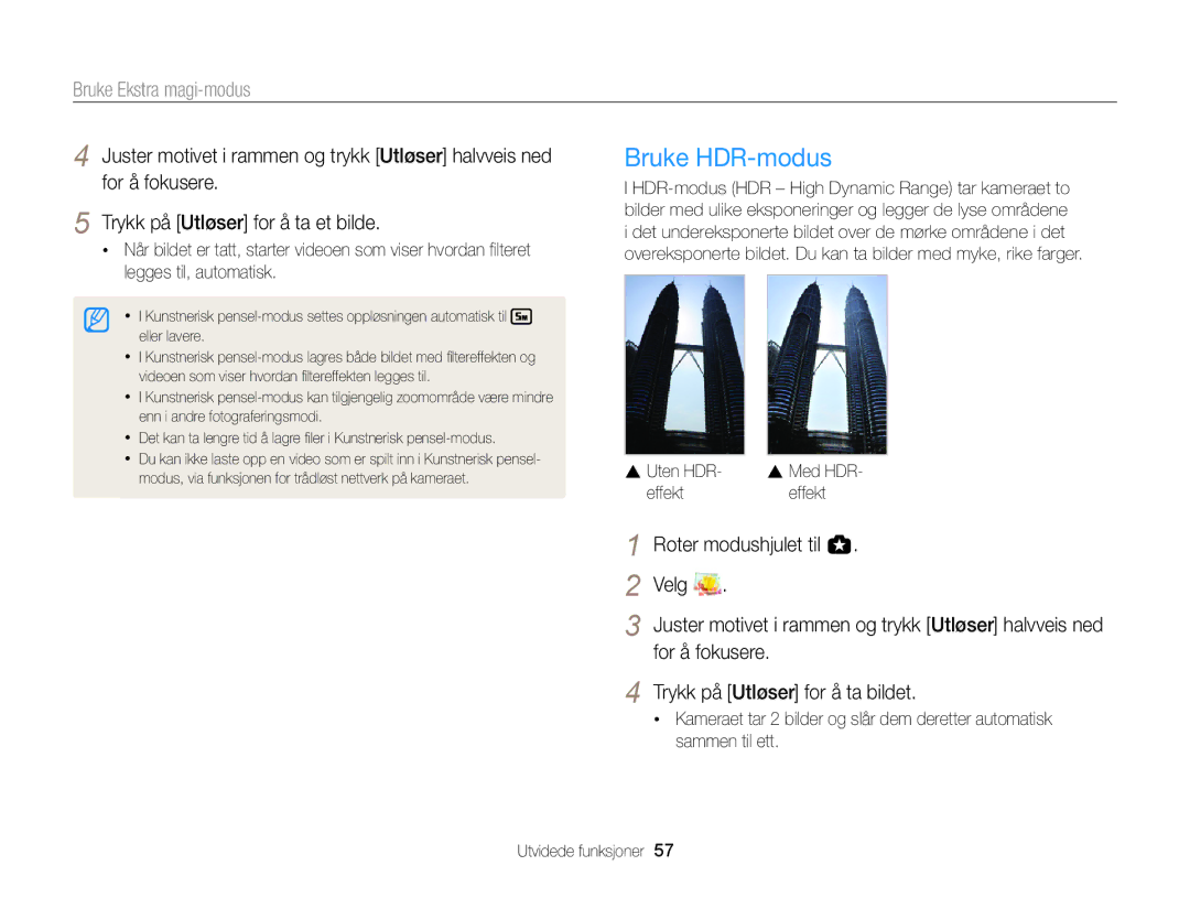 Samsung EC-EX2FZZBPBE2, EC-EX2FZZBPWE2 manual Bruke HDR-modus, Uten HDR, Effekt 