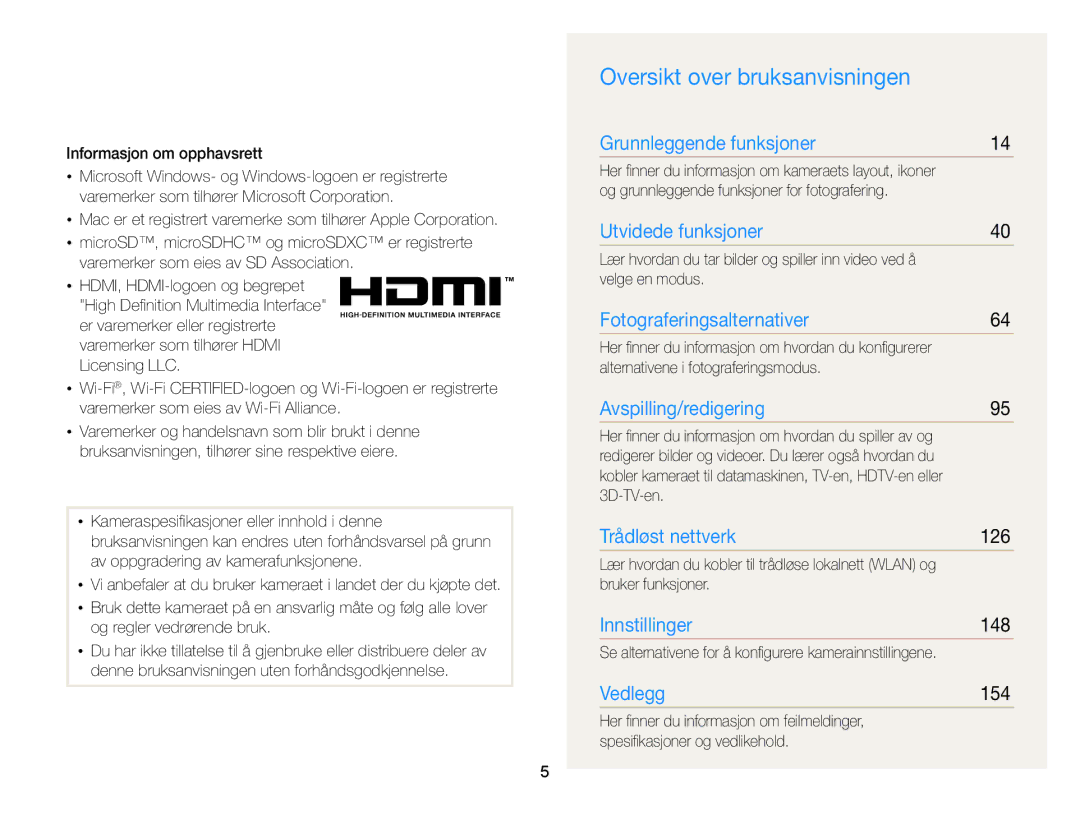 Samsung EC-EX2FZZBPBE2, EC-EX2FZZBPWE2 manual Oversikt over bruksanvisningen, 126, 148, 154 