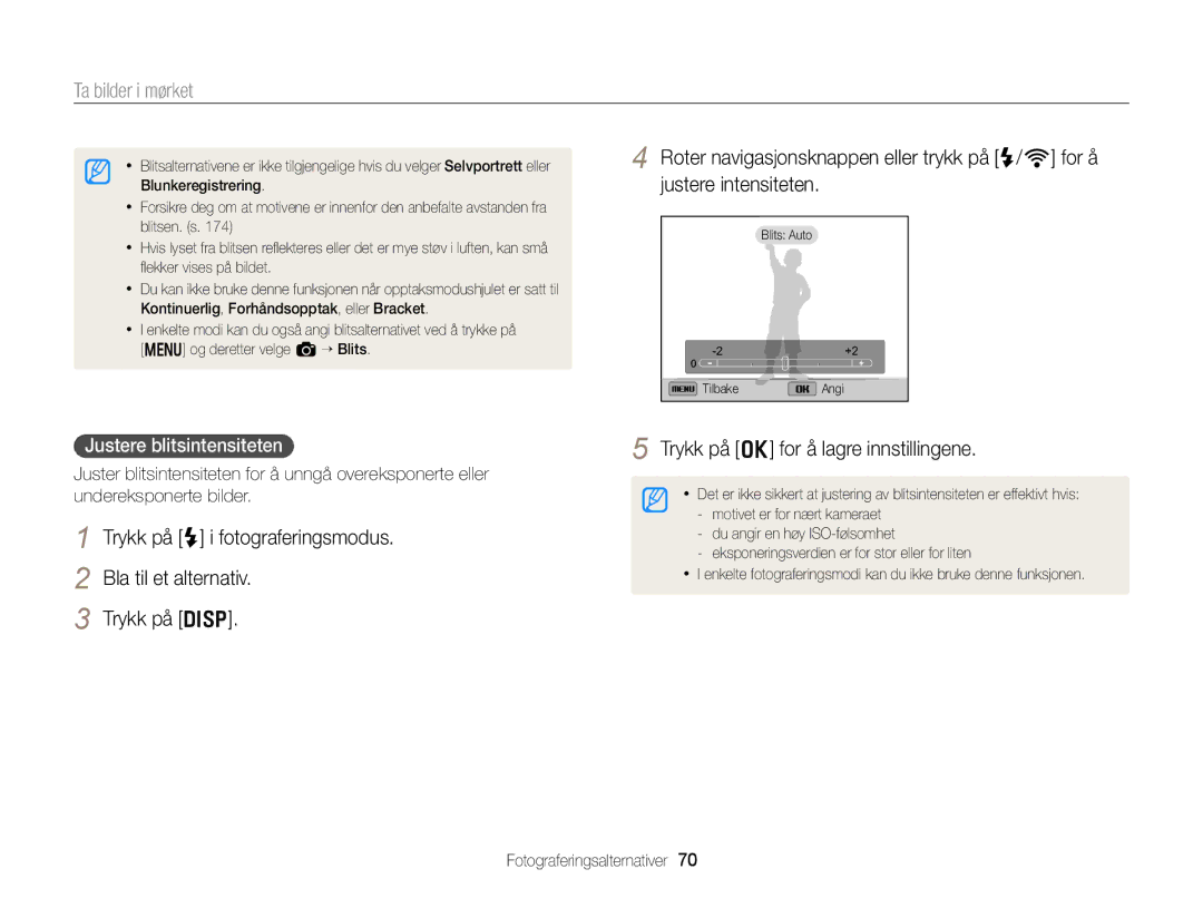 Samsung EC-EX2FZZBPWE2, EC-EX2FZZBPBE2 manual Justere blitsintensiteten 