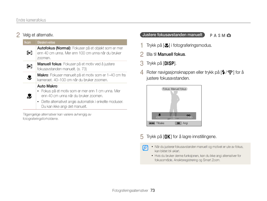 Samsung EC-EX2FZZBPBE2, EC-EX2FZZBPWE2 manual Endre kamerafokus, Bla til Manuell fokus Trykk på D, Justere fokusavstanden 