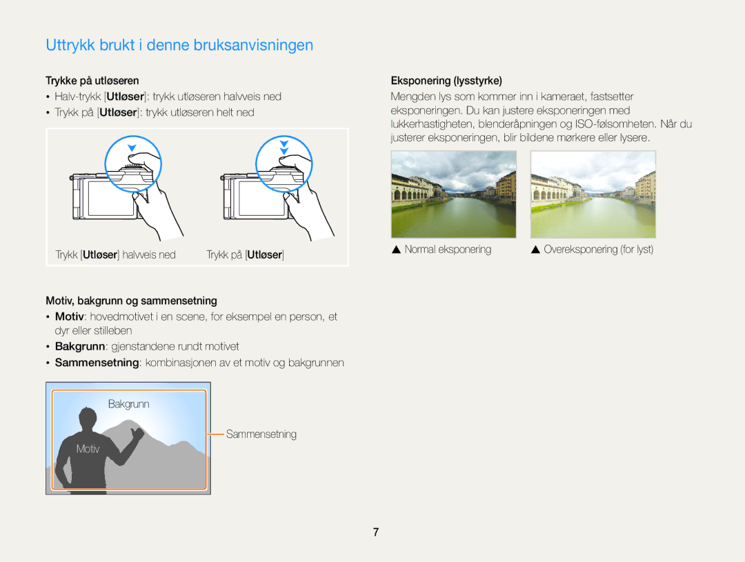 Samsung EC-EX2FZZBPBE2 manual Uttrykk brukt i denne bruksanvisningen, Motiv, Eksponering lysstyrke, Normal eksponering 