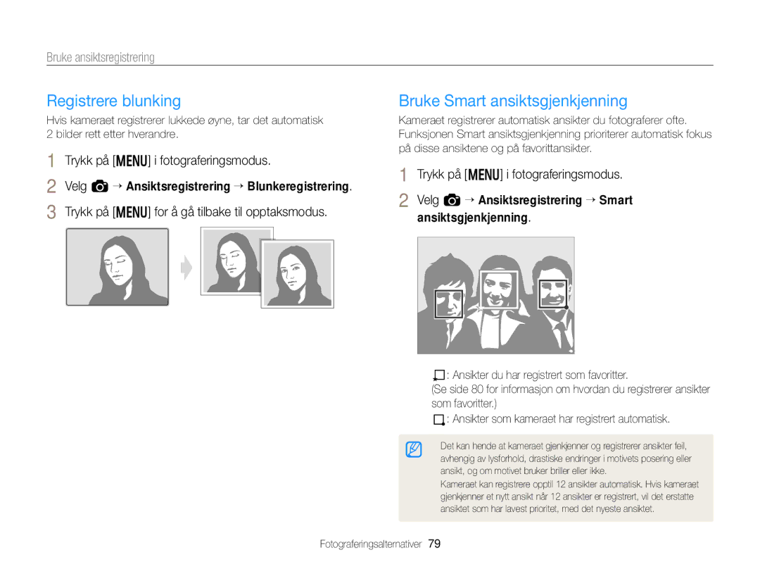 Samsung EC-EX2FZZBPBE2 manual Registrere blunking, Bruke Smart ansiktsgjenkjenning, Trykk på m i fotograferingsmodus 