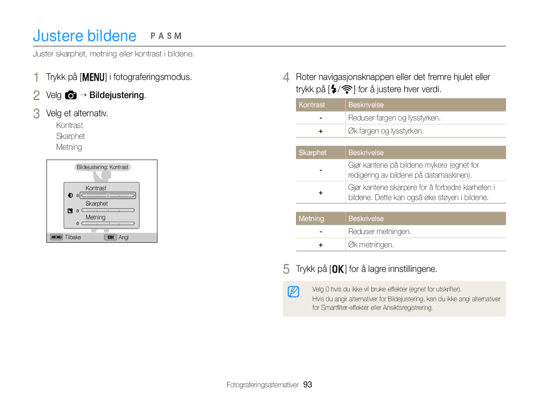 Samsung EC-EX2FZZBPBE2, EC-EX2FZZBPWE2 manual Kontrast Skarphet Metning, Metning Beskrivelse 