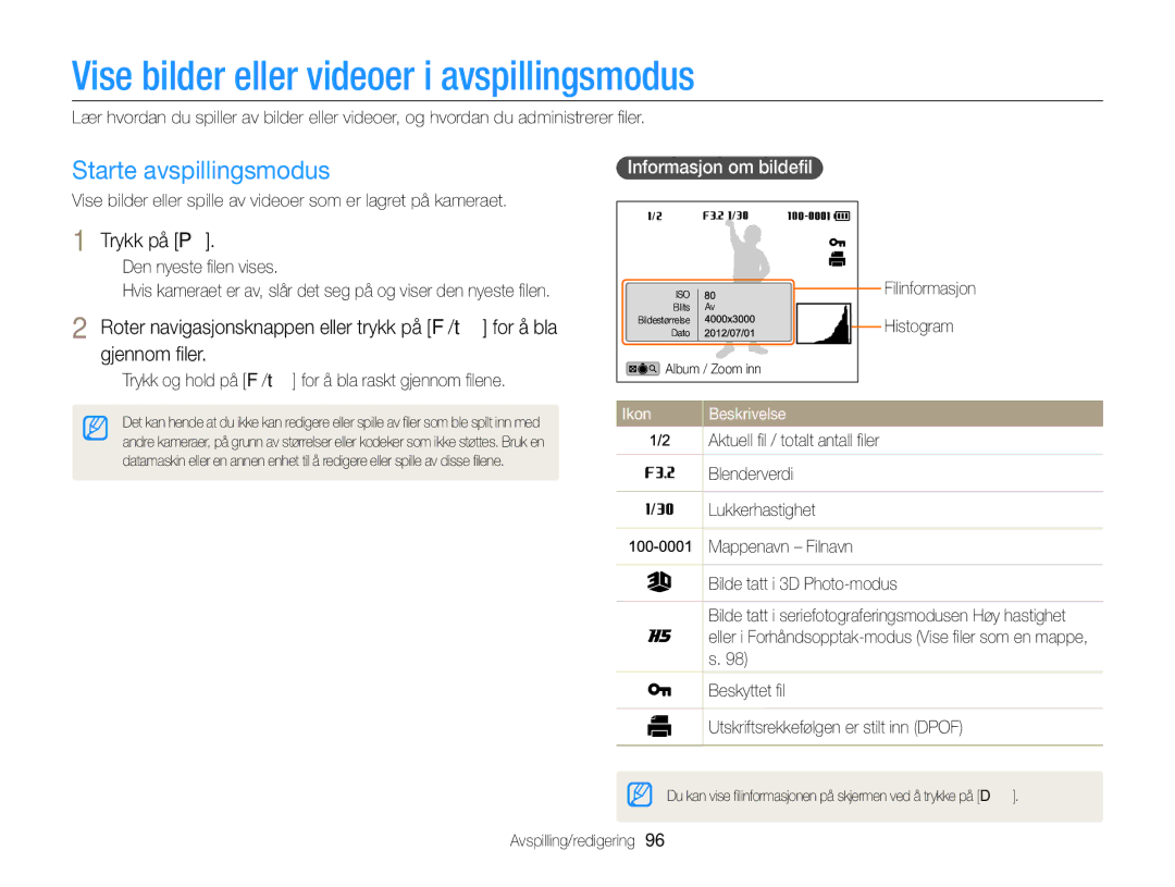 Samsung EC-EX2FZZBPWE2, EC-EX2FZZBPBE2 Vise bilder eller videoer i avspillingsmodus, Starte avspillingsmodus, Trykk på P 