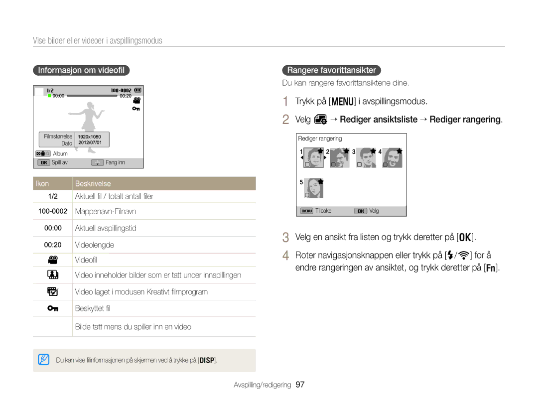 Samsung EC-EX2FZZBPBE2 Vise bilder eller videoer i avspillingsmodus, Velg en ansikt fra listen og trykk deretter på o 