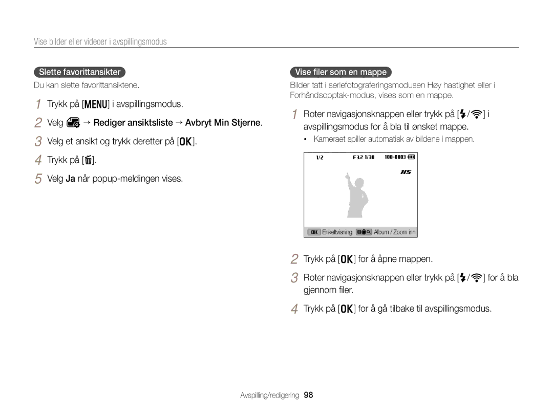 Samsung EC-EX2FZZBPWE2, EC-EX2FZZBPBE2 manual Trykk på o for å åpne mappen, Slette favorittansikter, Vise ﬁler som en mappe 