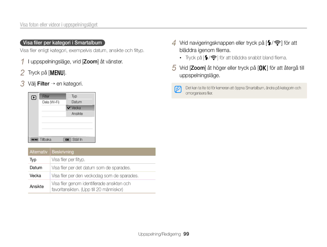 Samsung EC-EX2FZZBPBE2, EC-EX2FZZBPWE2 manual Tryck på m Välj Filter ““en kategori, Visa ﬁler per kategori i Smartalbum 