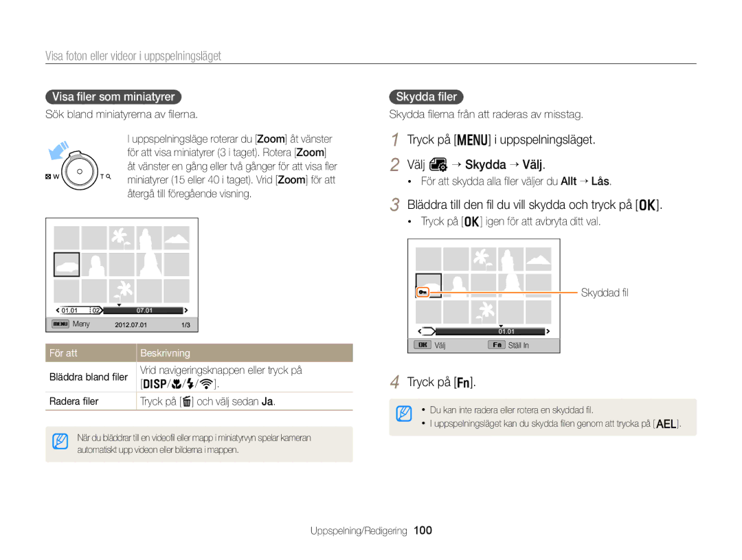 Samsung EC-EX2FZZBPWE2 manual Tryck på m i uppspelningsläget Välj O “ Skydda “ Välj, Visa ﬁler som miniatyrer, Skydda ﬁler 