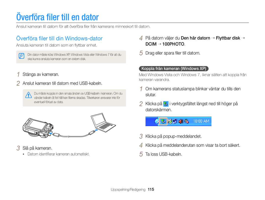 Samsung EC-EX2FZZBPBE2, EC-EX2FZZBPWE2 manual Överföra ﬁler till en dator, Överföra ﬁler till din Windows-dator 