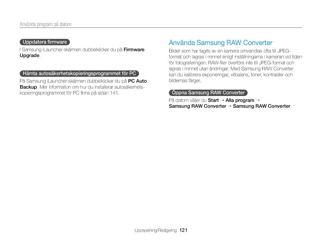 Samsung EC-EX2FZZBPBE2 Använda Samsung RAW Converter, Uppdatera ﬁrmware, Hämta autosäkerhetskopieringsprogrammet för PC 