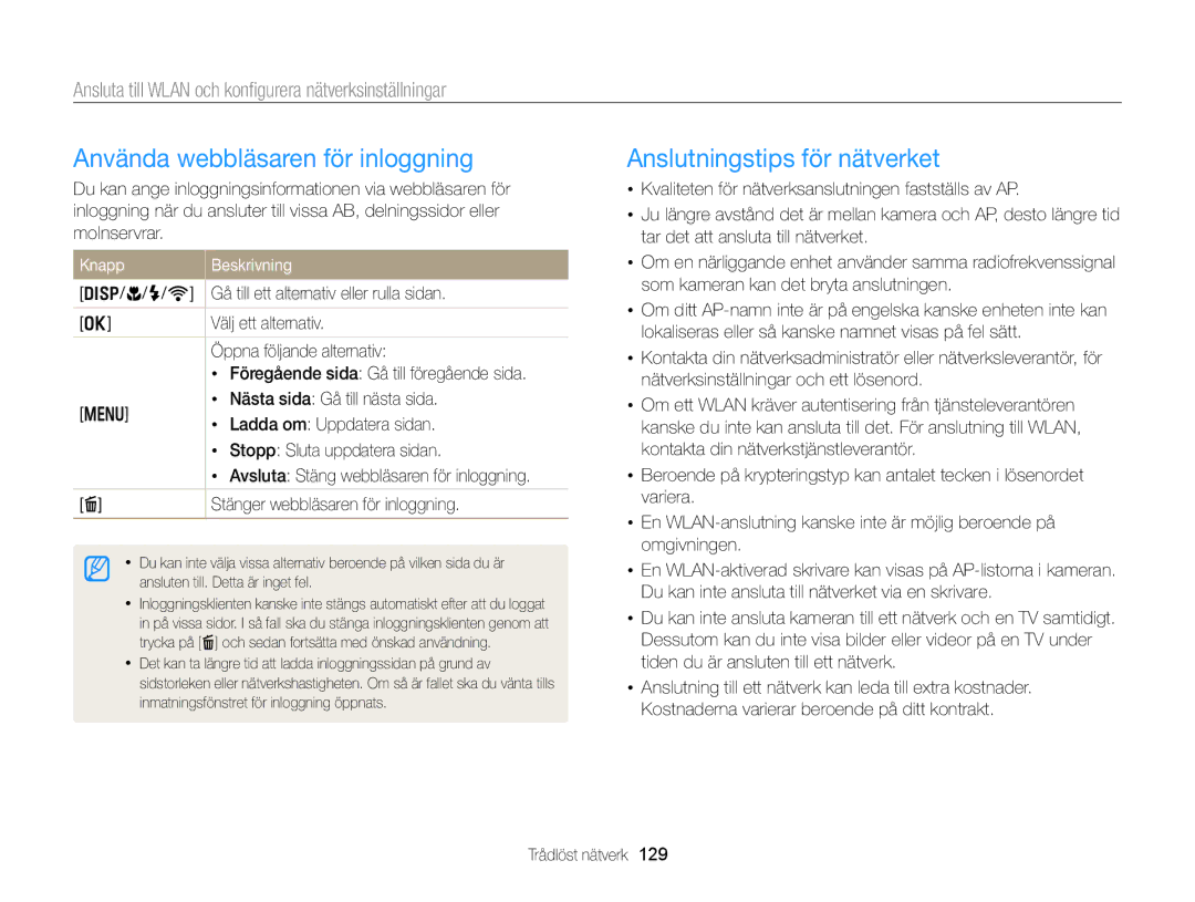 Samsung EC-EX2FZZBPBE2, EC-EX2FZZBPWE2 manual Använda webbläsaren för inloggning, Anslutningstips för nätverket, Knapp 