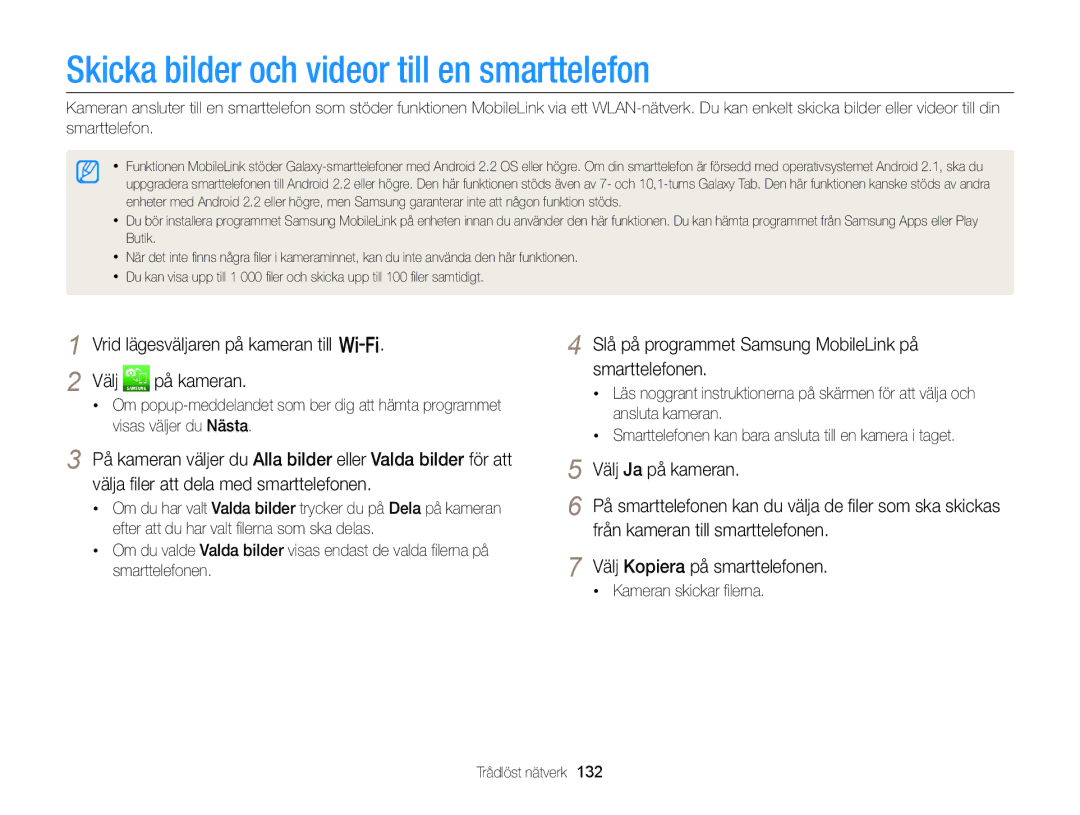 Samsung EC-EX2FZZBPWE2 Skicka bilder och videor till en smarttelefon, Vrid lägesväljaren på kameran till w Välj på kameran 