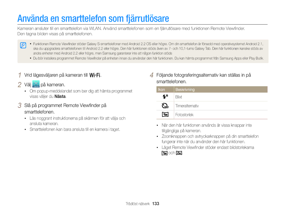 Samsung EC-EX2FZZBPBE2 Använda en smarttelefon som fjärrutlösare, Slå på programmet Remote Viewﬁnder på smarttelefonen 