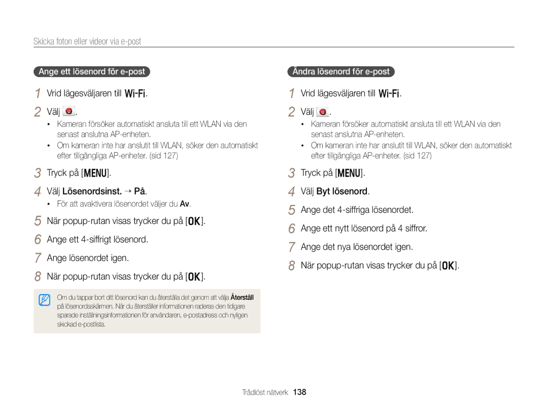 Samsung EC-EX2FZZBPWE2, EC-EX2FZZBPBE2 manual Skicka foton eller videor via e-post, Tryck på m Välj Lösenordsinst. “ På 