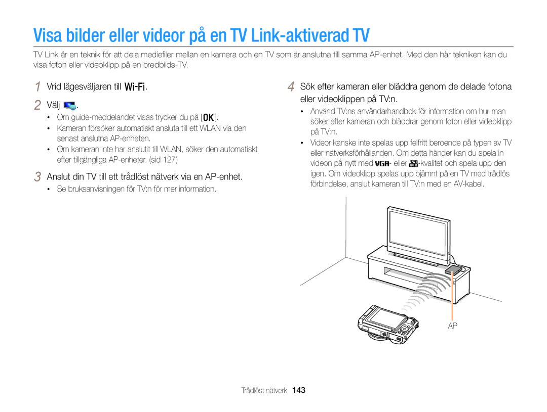 Samsung EC-EX2FZZBPBE2, EC-EX2FZZBPWE2 manual Visa bilder eller videor på en TV Link-aktiverad TV 