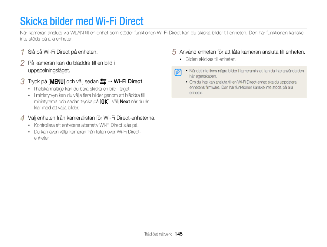 Samsung EC-EX2FZZBPBE2 manual Skicka bilder med Wi-Fi Direct, Använd enheten för att låta kameran ansluta till enheten 