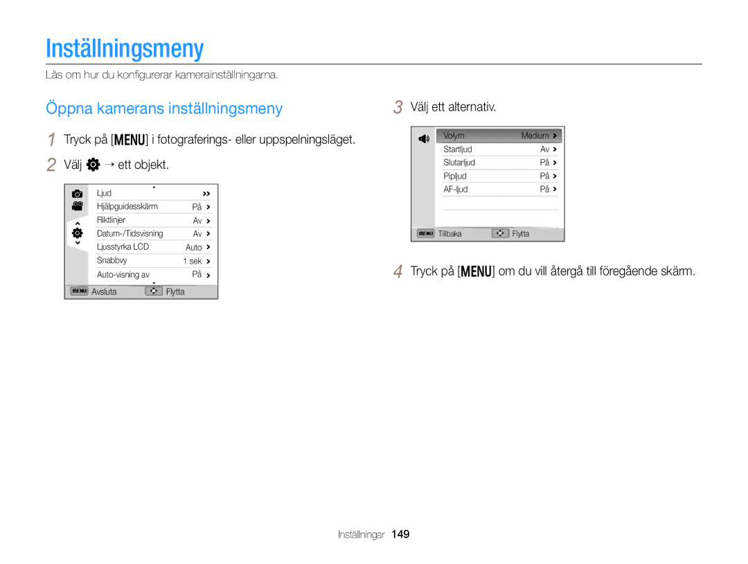 Samsung EC-EX2FZZBPBE2, EC-EX2FZZBPWE2 manual Inställningsmeny, Öppna kamerans inställningsmeny 