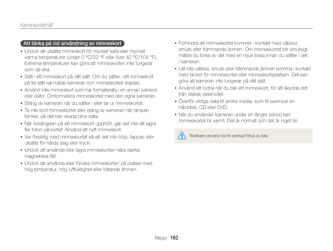 Samsung EC-EX2FZZBPWE2, EC-EX2FZZBPBE2 manual Att tänka på vid användning av minneskort 