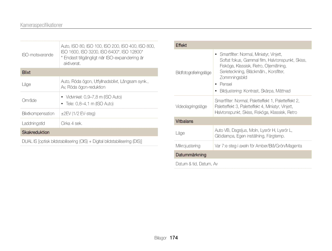 Samsung EC-EX2FZZBPWE2, EC-EX2FZZBPBE2 manual Kameraspeciﬁkationer 