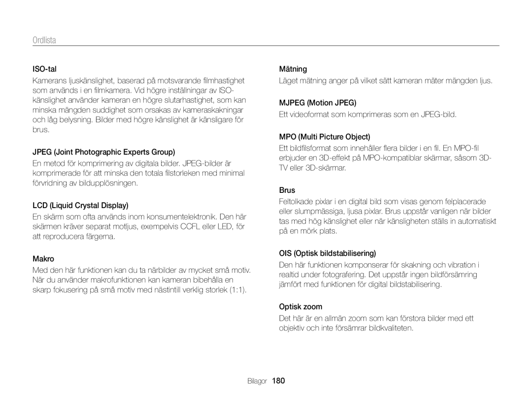 Samsung EC-EX2FZZBPWE2, EC-EX2FZZBPBE2 manual Ordlista 