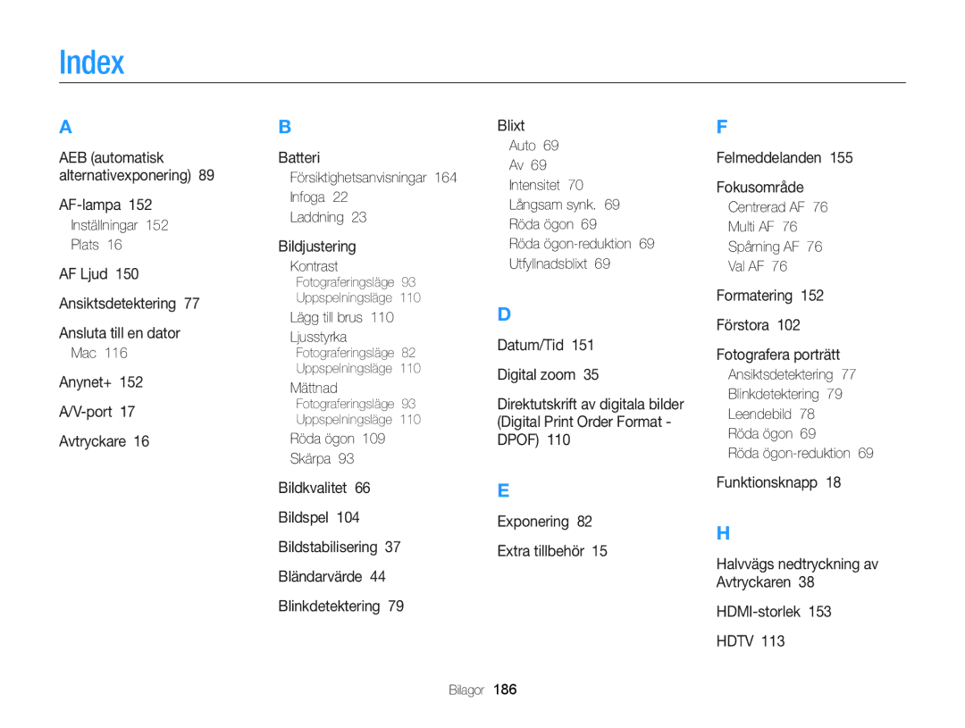 Samsung EC-EX2FZZBPWE2, EC-EX2FZZBPBE2 manual Index 