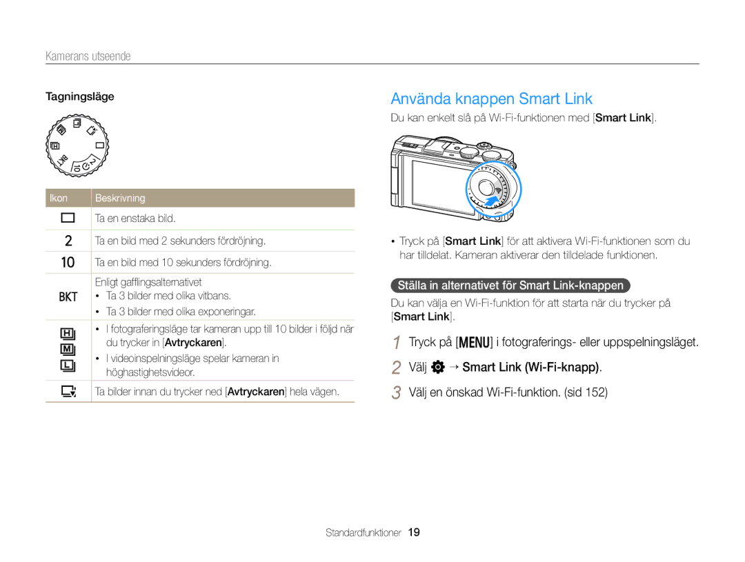 Samsung EC-EX2FZZBPBE2, EC-EX2FZZBPWE2 Använda knappen Smart Link, Välj en önskad Wi-Fi-funktion. sid, Ikon Beskrivning 