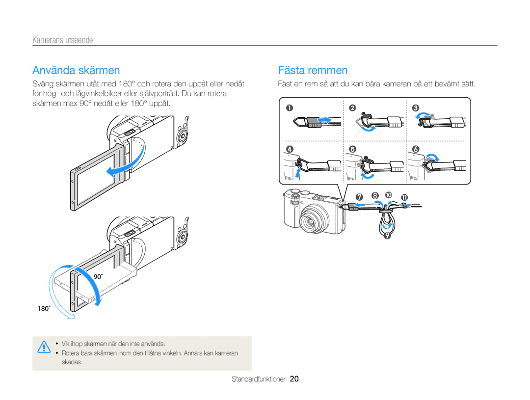 Samsung EC-EX2FZZBPWE2 manual Använda skärmen, Fästa remmen, Fäst en rem så att du kan bära kameran på ett bevämt sätt 