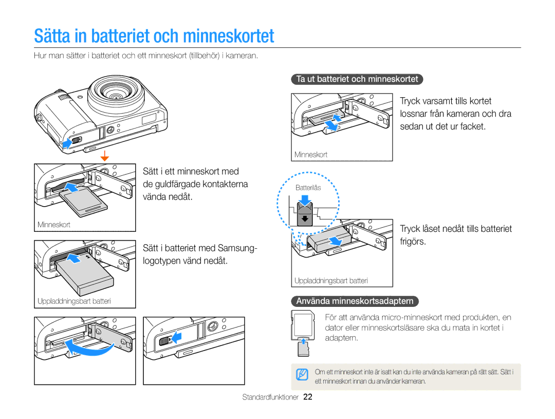 Samsung EC-EX2FZZBPWE2, EC-EX2FZZBPBE2 manual Sätta in batteriet och minneskortet, Tryck låset nedåt tills batteriet frigörs 