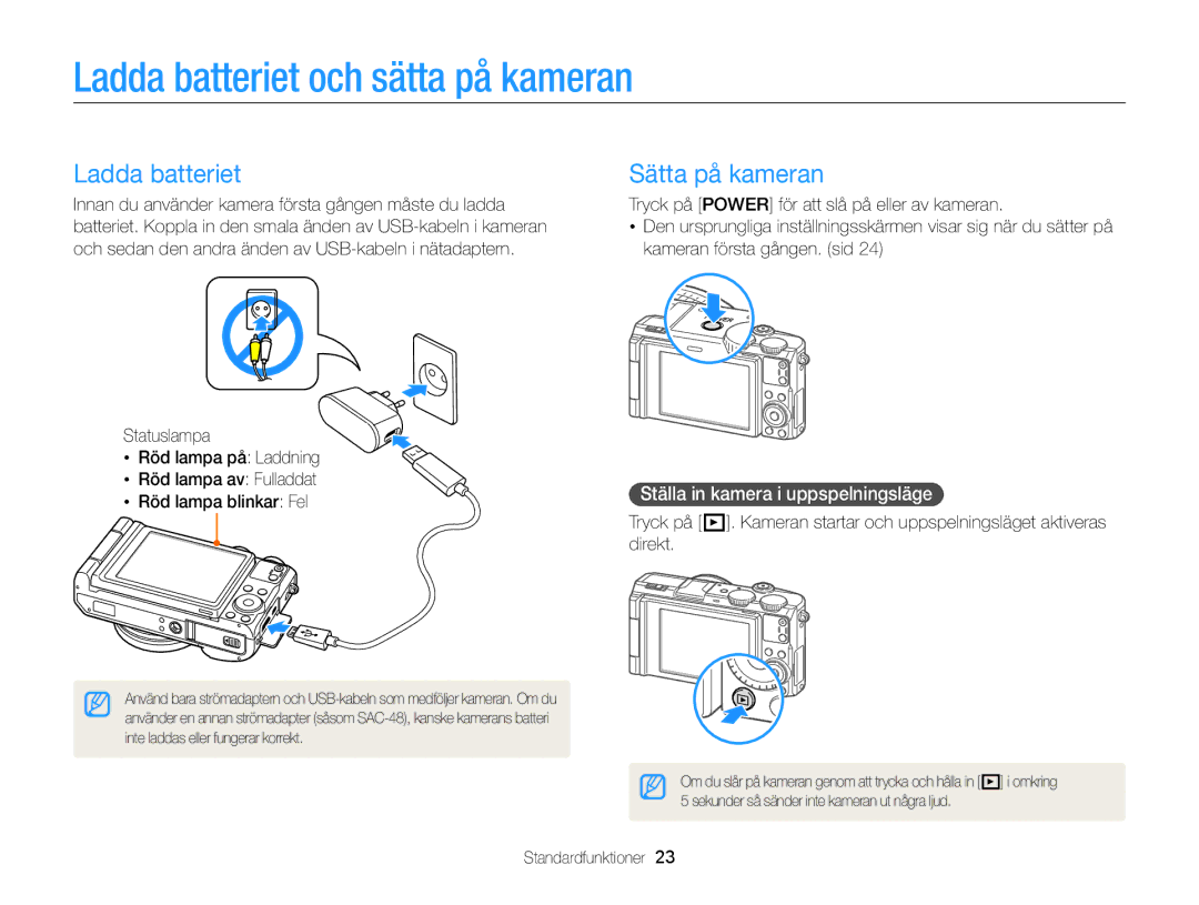 Samsung EC-EX2FZZBPBE2 manual Ladda batteriet och sätta på kameran, Sätta på kameran, Ställa in kamera i uppspelningsläge 