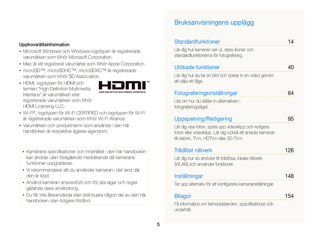 Samsung EC-EX2FZZBPBE2, EC-EX2FZZBPWE2 manual Bruksanvisningens upplägg, 126, 148, 154 