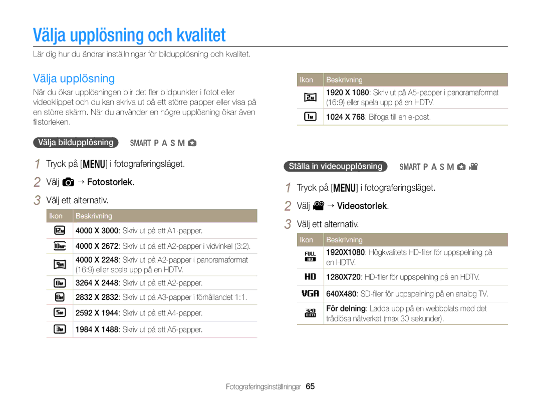 Samsung EC-EX2FZZBPBE2, EC-EX2FZZBPWE2 manual Välja upplösning och kvalitet, Välja bildupplösning T p a h M g 