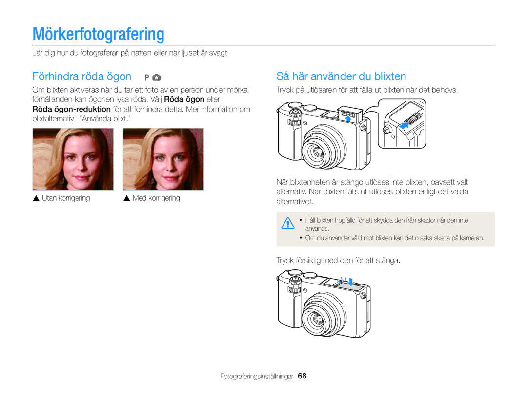 Samsung EC-EX2FZZBPWE2, EC-EX2FZZBPBE2 manual Mörkerfotografering, Förhindra röda ögon p g Så här använder du blixten 