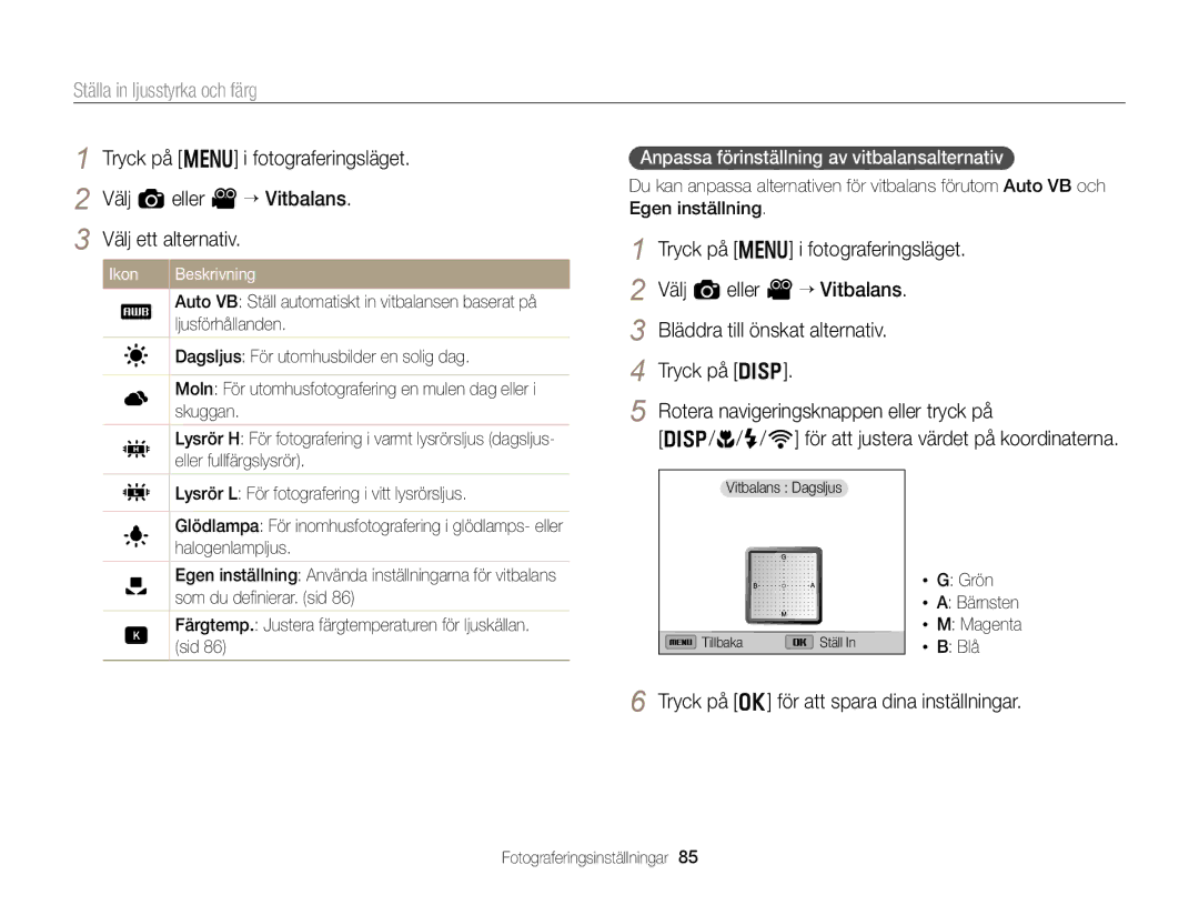 Samsung EC-EX2FZZBPBE2, EC-EX2FZZBPWE2 manual Anpassa förinställning av vitbalansalternativ 