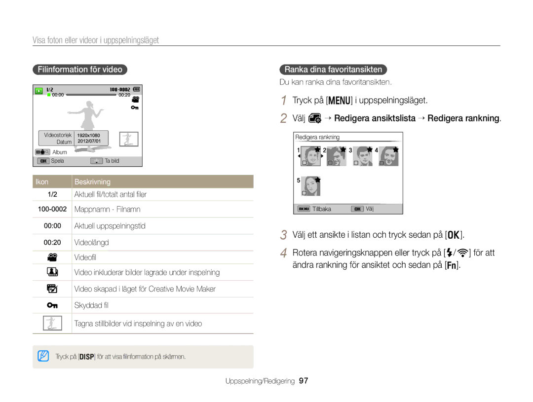 Samsung EC-EX2FZZBPBE2 manual Visa foton eller videor i uppspelningsläget, Välj ett ansikte i listan och tryck sedan på o 