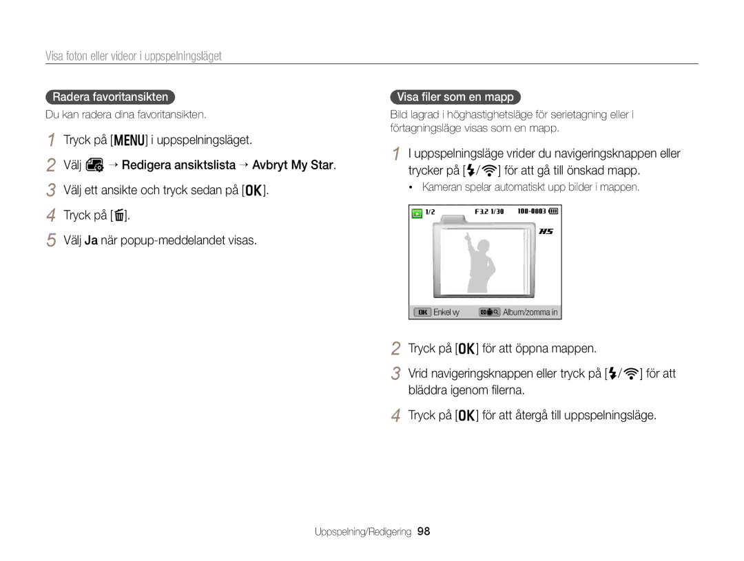 Samsung EC-EX2FZZBPWE2, EC-EX2FZZBPBE2 manual Tryck på o för att öppna mappen, Bläddra igenom ﬁlerna, Radera favoritansikten 